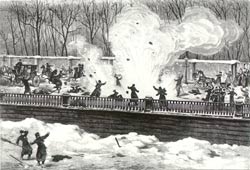1 марта 1881 года. Взрыв второй бомбы, брошенной Гриневицким. Рисунок А.Бальдингера